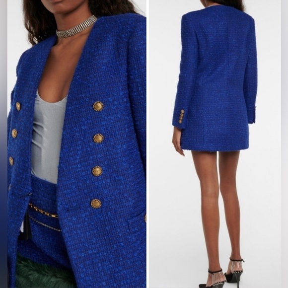 RARE Saint Laurent collarless blue tweed long blazer jacket NWT - Picture 4 of 14